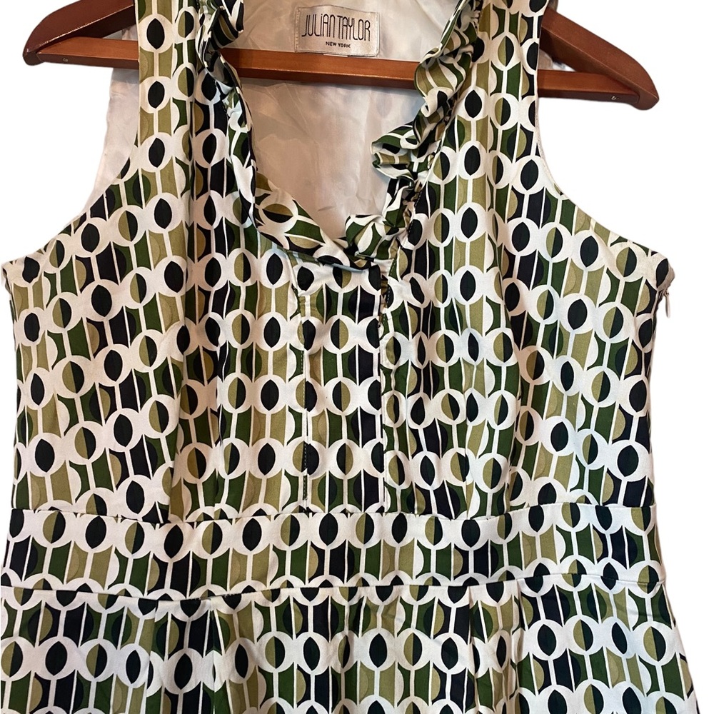 Julian Taylor Sleeveless Ruffled Dress with Retro Green Patterning - Picture 2 of 15